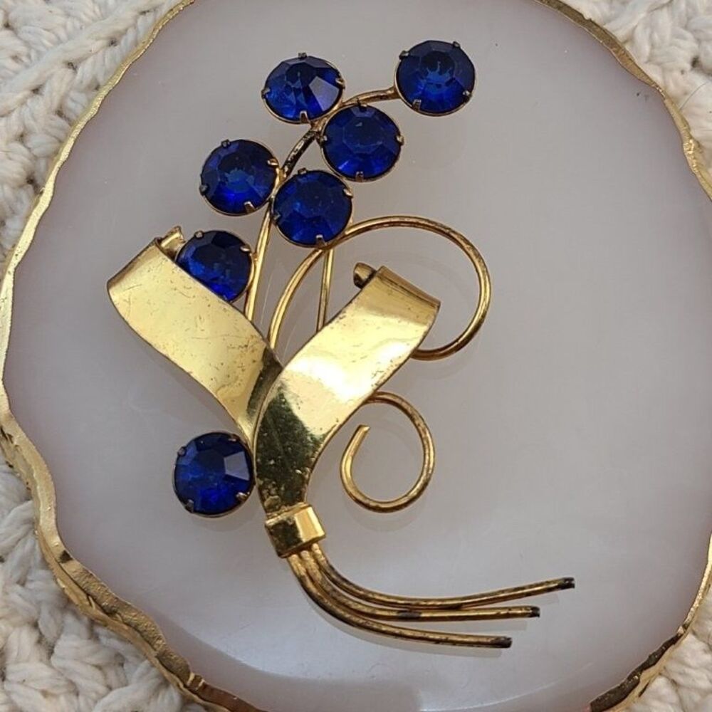 Vintage Art Deco Sterling Silver Vermeil Blue Rhinestone Flower Pin Brooch Large